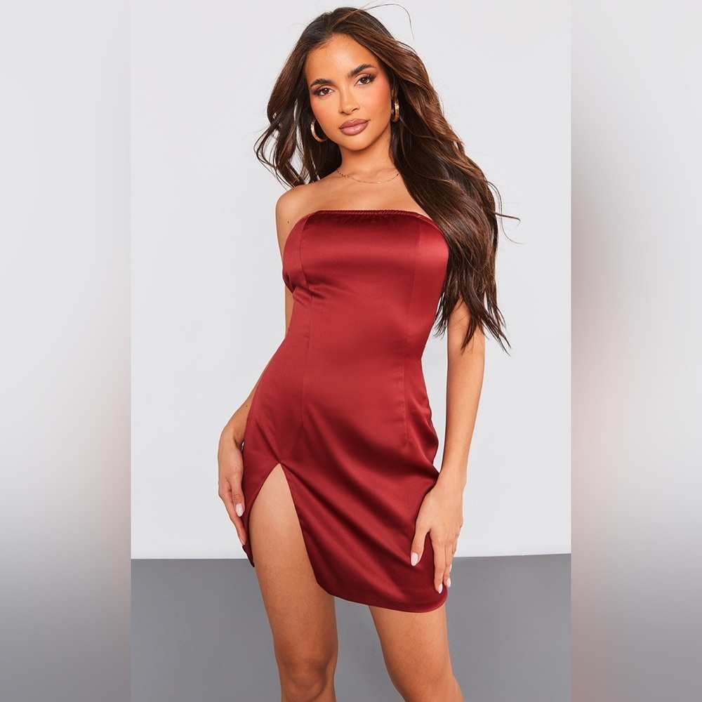 NEW!! PrettyLittleThing Cherry Red Satin Bandeau Split Hem Bodycon Dress